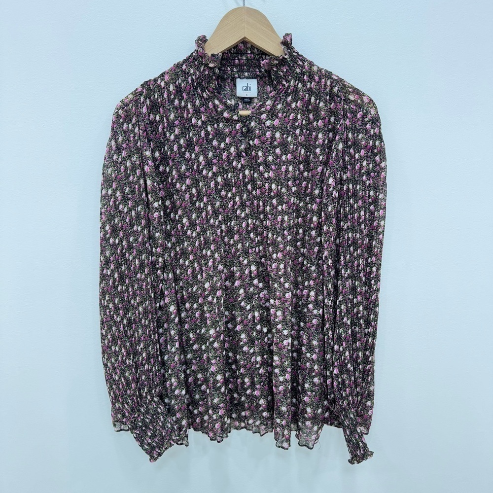 Cabi Knife Pleat Blouse #3952 Floral Sheer High Neck - Size Small pink black